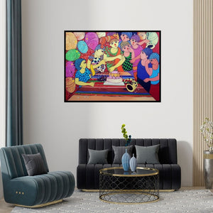 Preview of 'Birthday Celebration' Painting by Dnyaneshwar Bembade shown on a wall in a furnished room.