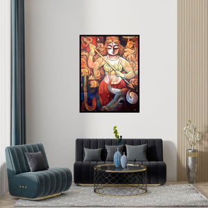 Preview of 'Bishalakshi' Painting by Subrata Ghosh shown on a wall in a furnished room.