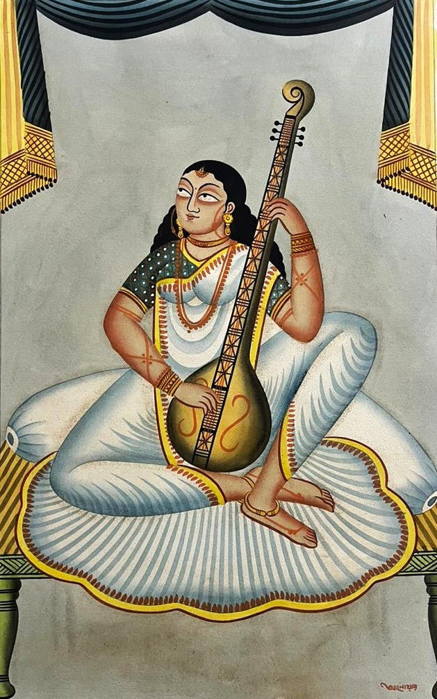 Biwi Star' figurative kalighat Traditional Art by artist Anwar Chitrakar, 22x14 inch, on paper
