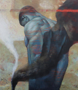 Black And White 1 (The Burden of Destiny) by Ashis Mondal, Original Acrylic Figurative Painting on Canvas, Large Vertical Wall Art