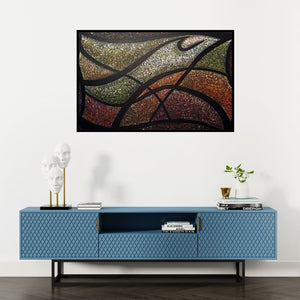 Preview of 'Black Beauty (Ethereal Convergence)' Painting by Manju Lamba shown on a wall in a furnished room.