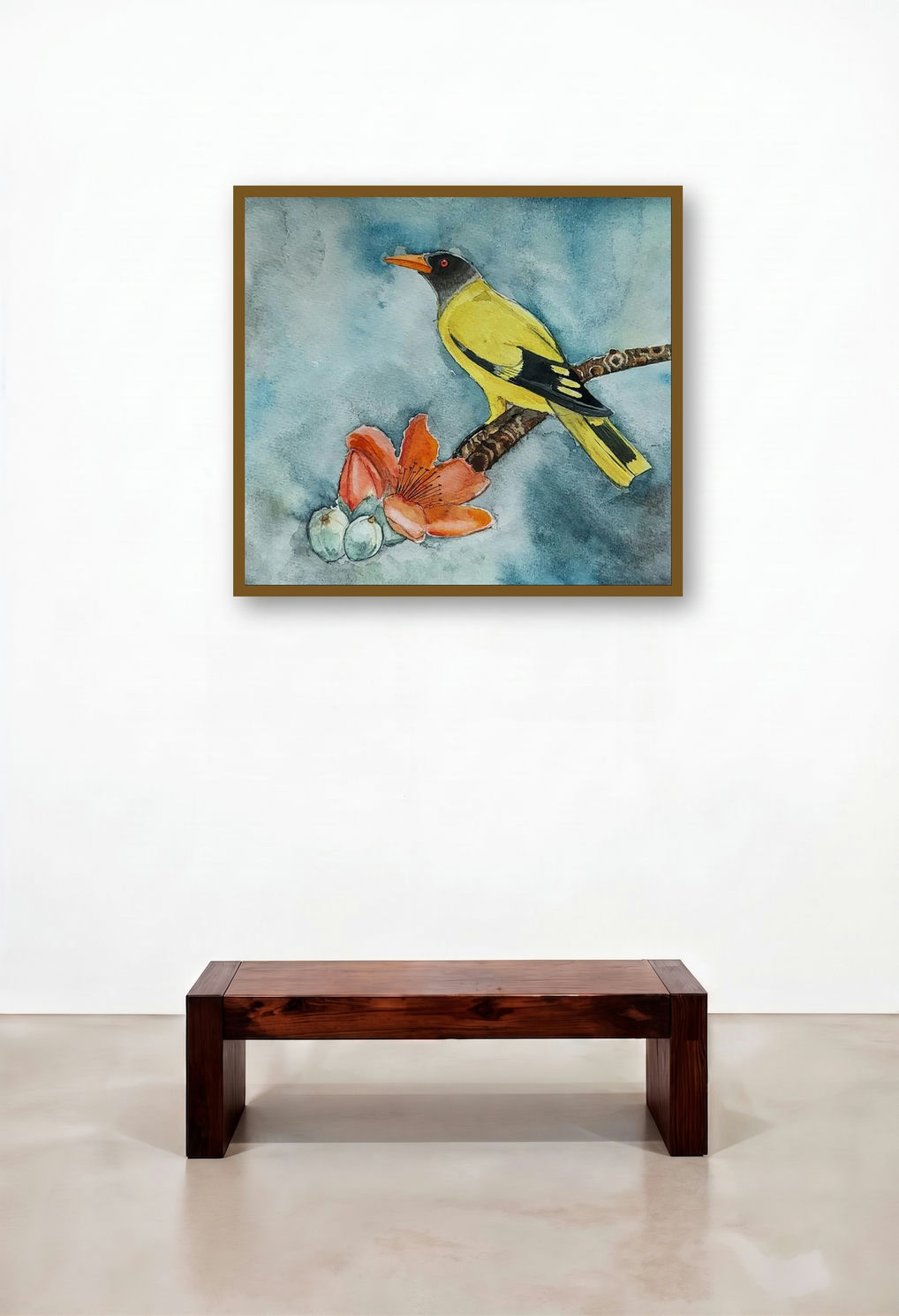 Black Headed Oriole (A Splash of Sunshine) by artist Yashodan Heblekar displayed in a Contemporary Library