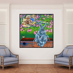 Ramu Das's painting 'Black Hole (Child and the Tree of Life)' displayed in a modern living room setting