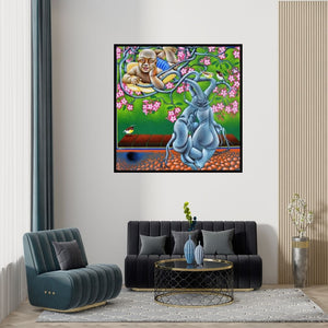 Ramu Das's 'Black Hole (Child and the Tree of Life)' Painting visualized above a sofa in a contemporary room