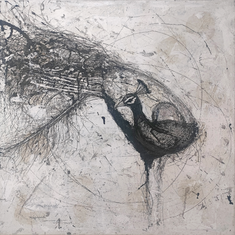 'Black Peacock' animals mixed-media painting by artist Srinivasa Ram Makineedi, 24x24 inch, on canvas
