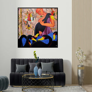 Deepali Mundra's 'Black Swans' painting visualized above a sofa in a contemporary room.