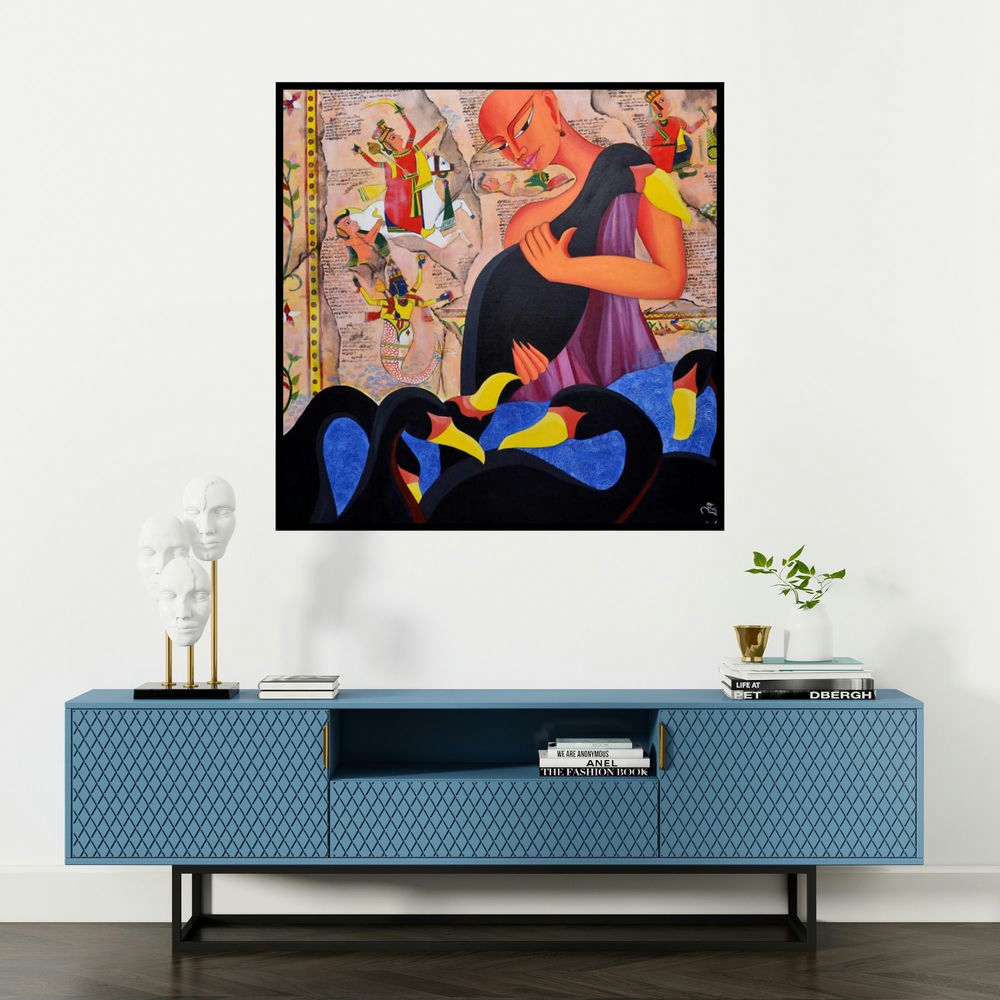 'Black Swans' painting by Deepali Mundra shown on a wall in a furnished room.