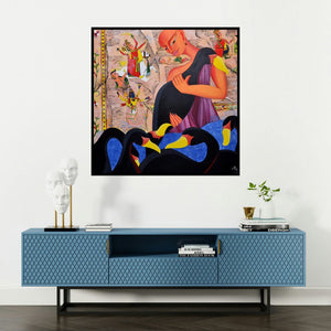 'Black Swans' painting by Deepali Mundra shown on a wall in a furnished room.