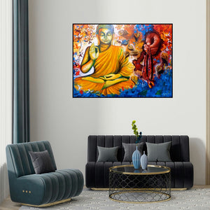 Arjun Das's 'Blessing Buddha (Path to Enlightenment)' painting visualized above a sofa in a contemporary room.