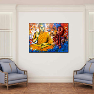 'Blessing Buddha (Path to Enlightenment)' painting by Arjun Das shown on a wall in a furnished room.
