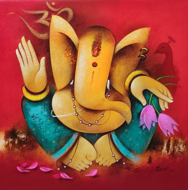 'Blessing Ganesha' religious acrylic painting by artist Paras Parmar, 24x24 inch, on canvas