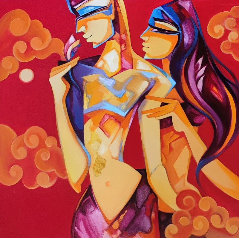 'Bliss' figurative acrylic painting by artist Laxmi Mysore, 36x36 inch, on canvas