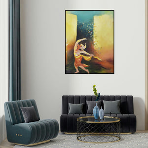 Durshit Bhaskar's 'Blooming (Illuminating the Path)' painting visualized above a sofa in a contemporary room.