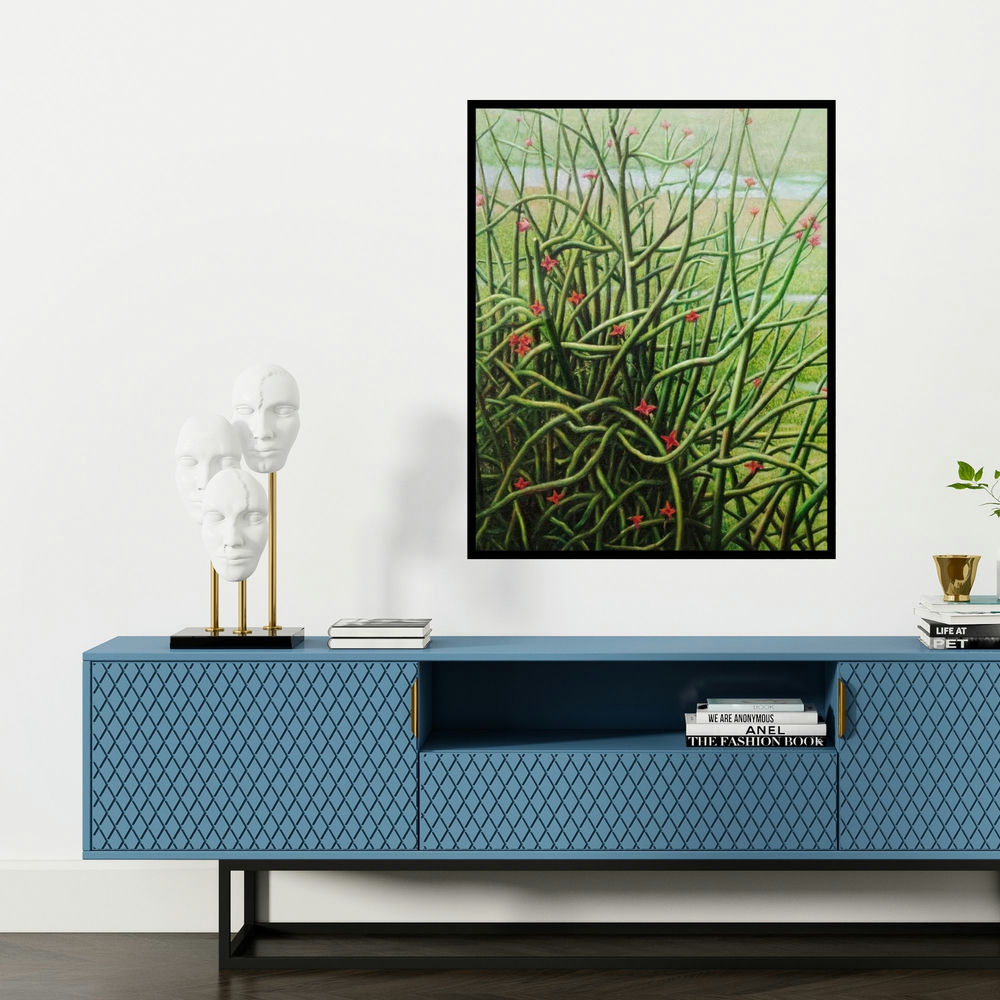'Blooming Cactus (Pencil Cactus in Bloom)' painting by Arabinda Mukherjee shown on a wall in a furnished room.
