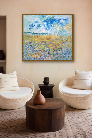 Blooming Flowers (Azure Expanse) by artist Shubhamshiva displayed in a Museum Style gallery