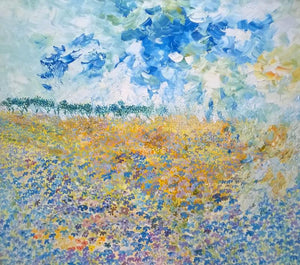 Blooming Flowers (Azure Expanse) by Shubhamshiva, Original Acrylic Nature Painting on Canvas, Large Horizontal Wall Art