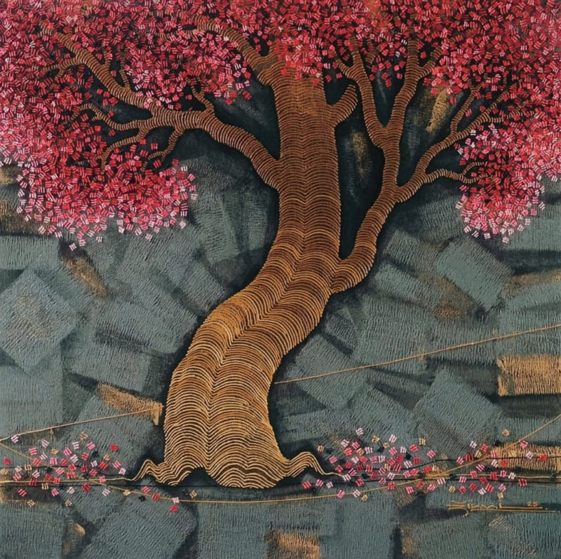 'Blossom' nature acrylic painting by artist Rahul Dangat, 24x24 inch, on canvas