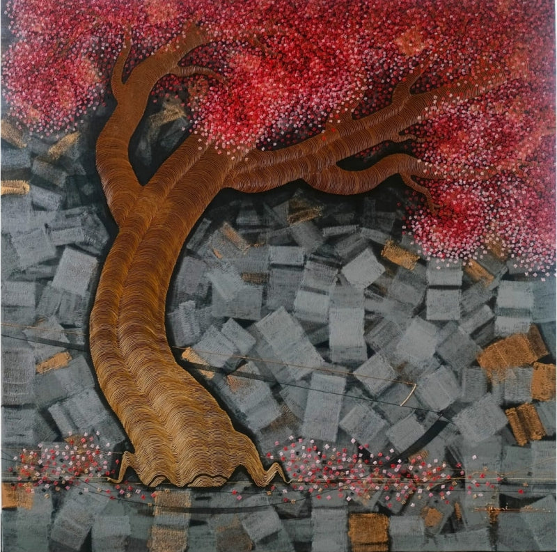 Blossom' nature acrylic painting by artist Rahul Dangat, 48x48 inch, on canvas