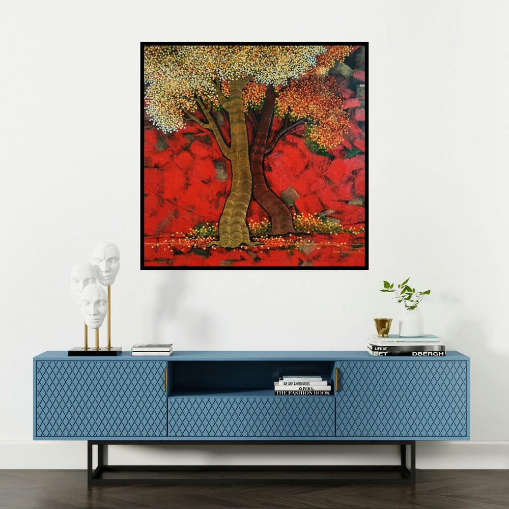 'Blossom' painting by Rahul Dangat shown on a wall in a furnished room.