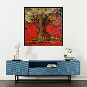'Blossom' painting by Rahul Dangat shown on a wall in a furnished room.