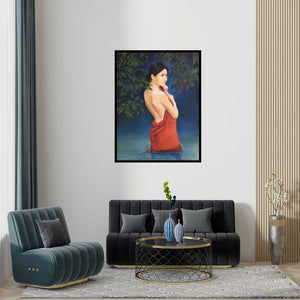 Preview of 'Blossom (Lust)' Painting by Kamal Rao shown on a wall in a furnished room.