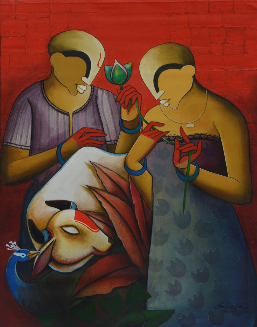 'Blossoming Romance' figurative acrylic painting by artist Anupam Pal, 48x36 inch, on canvas