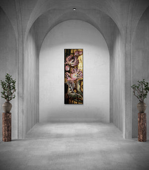 Ruchi Singhal's painting 'Blossoms Born (Blooming Abundance)' displayed in a modern living room setting