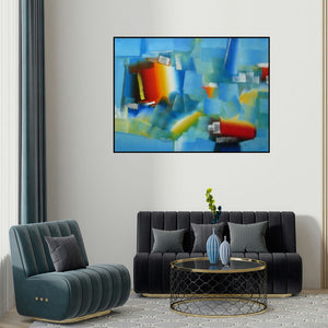 Rashmi Parmar's 'Blue Abstract' painting visualized above a sofa in a contemporary room.