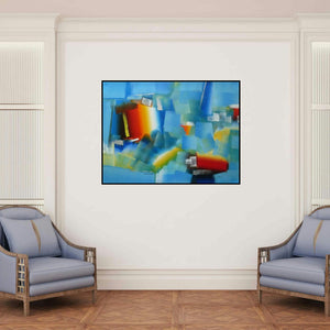 'Blue Abstract' painting by Rashmi Parmar shown on a wall in a furnished room.