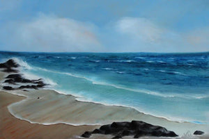 Blue Bliss (Coastal Rhythm: A Symphony in Blue) by Persis Chhapkhanawalla, Original Oil Seascape Painting on Canvas, Medium Horizontal Wall Art