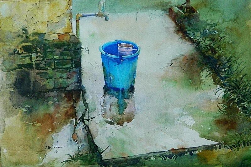 Blue Bucket Blue Watercolor Painting By Bijay Biswaal ArtZolo blue-bucket-blue-watercolor-painting-by-bijay-biswaal-artzolo