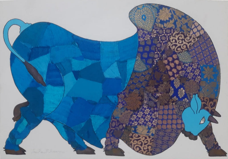 Blue Bull 1' animals mixed-media painting by artist Sreekanth Kurva, 15x22 inch, on canvas board