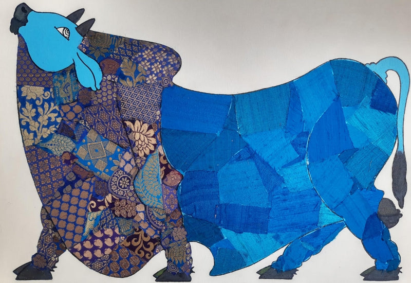 Blue Bull 2' animals mixed-media painting by artist Sreekanth Kurva, 15x22 inch, on canvas board