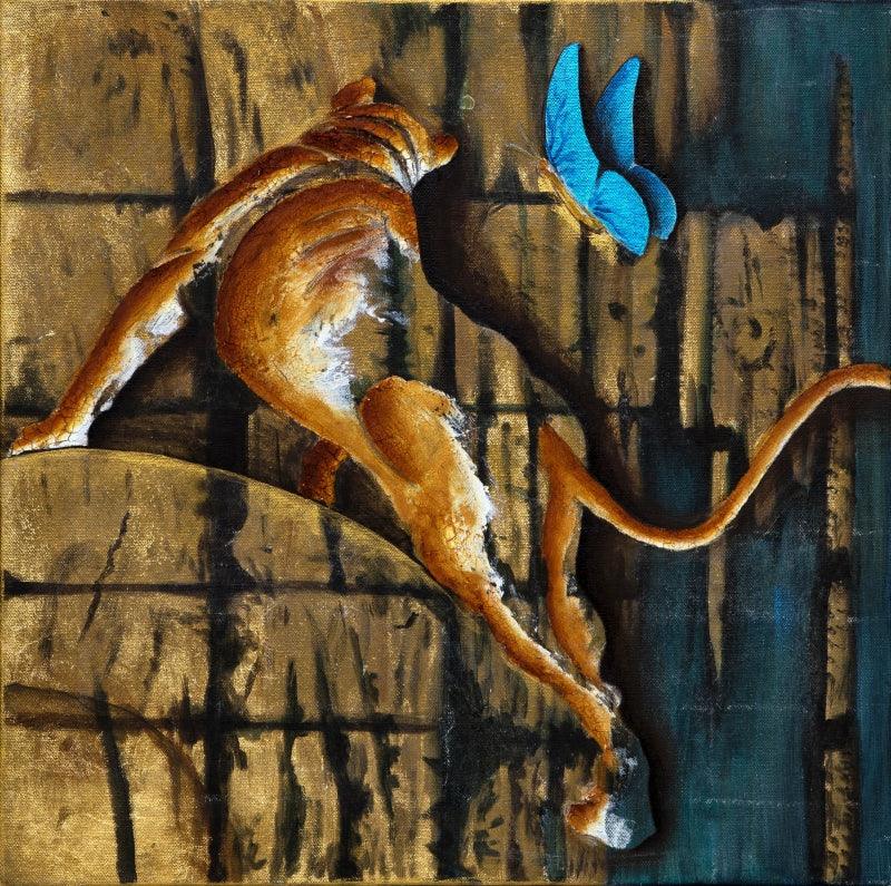 Animals mixed-media painting titled 'Blue Butterfly 1', 18x18 inch, by artist Ruchi Singhal on Canvas