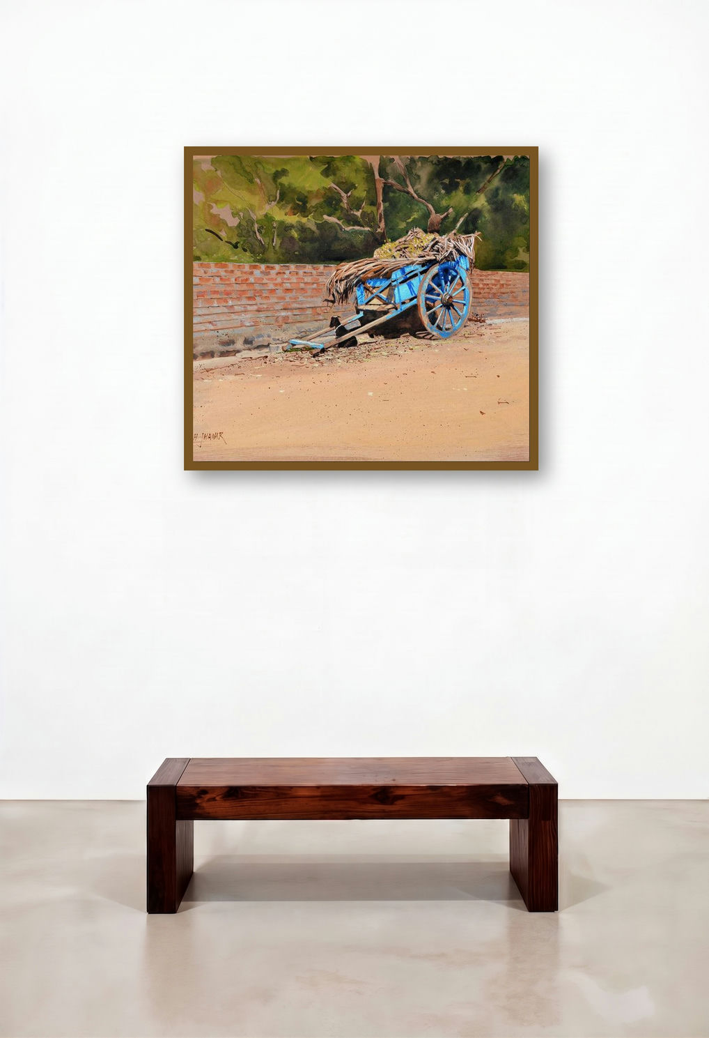 Blue Cart (Rustic Repose) by artist Ramesh Jhawar displayed in a Scandinavian Library