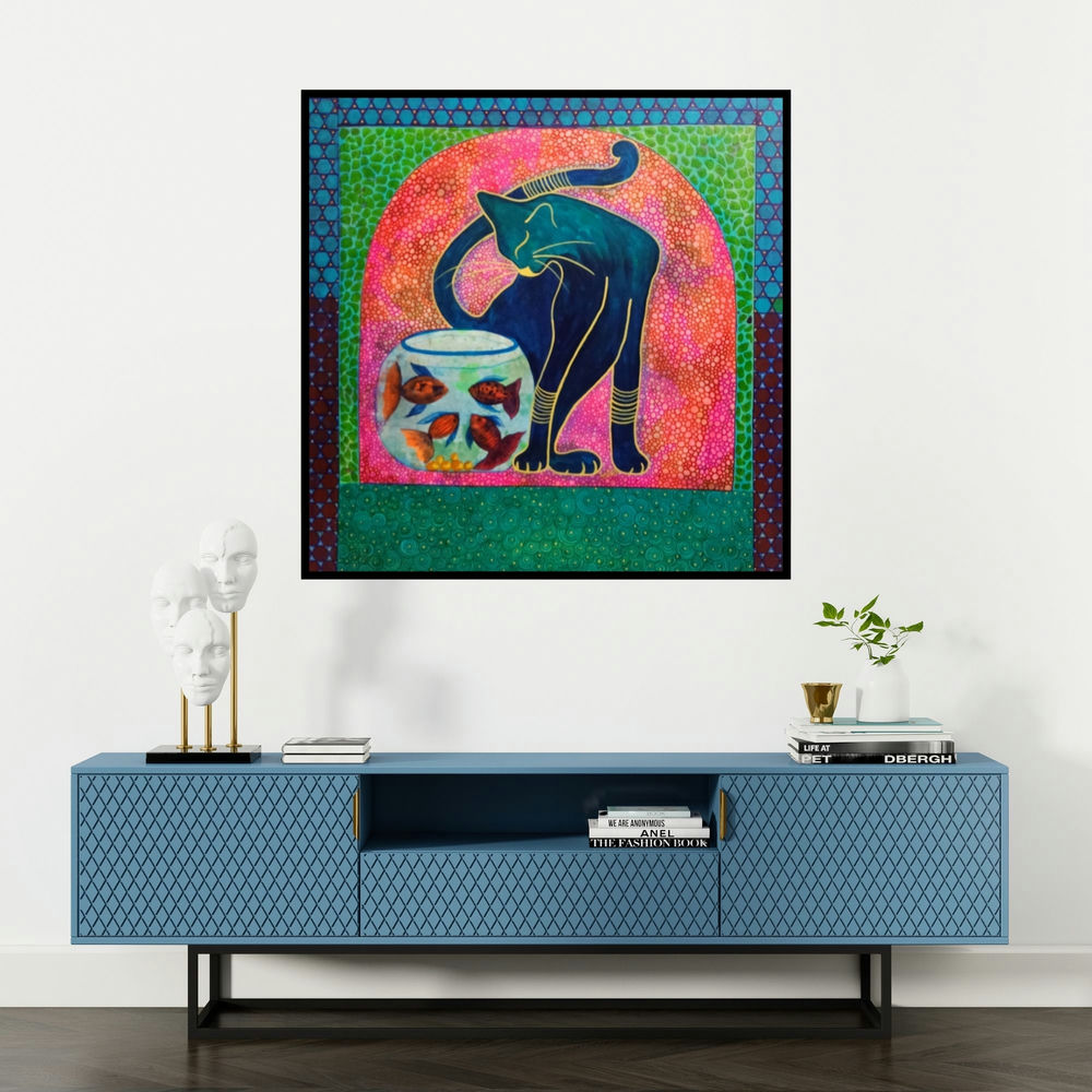 'The Blue Cat' painting by Anissha Deshpande shown on a wall in a furnished room.
