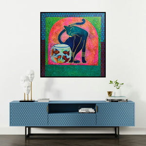 'The Blue Cat' painting by Anissha Deshpande shown on a wall in a furnished room.