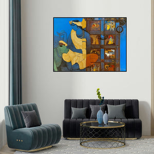 Siddharth Shingade's 'Blue Door 2' painting visualized above a sofa in a contemporary room.