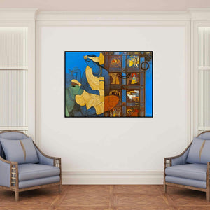 'Blue Door 2' painting by Siddharth Shingade shown on a wall in a furnished room.