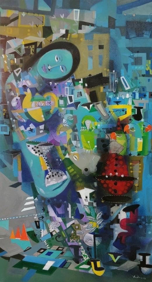 Figurative acrylic painting titled 'Blue Frame', 56x30 inches, by artist Madan Lal on Canvas