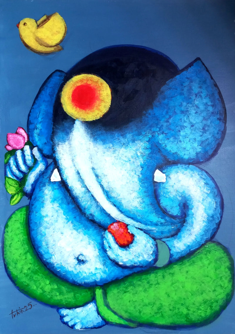 Blue Ganesha With Flower' religious acrylic painting by artist Tuhin Rakshit, 20x15 inch, on paper board