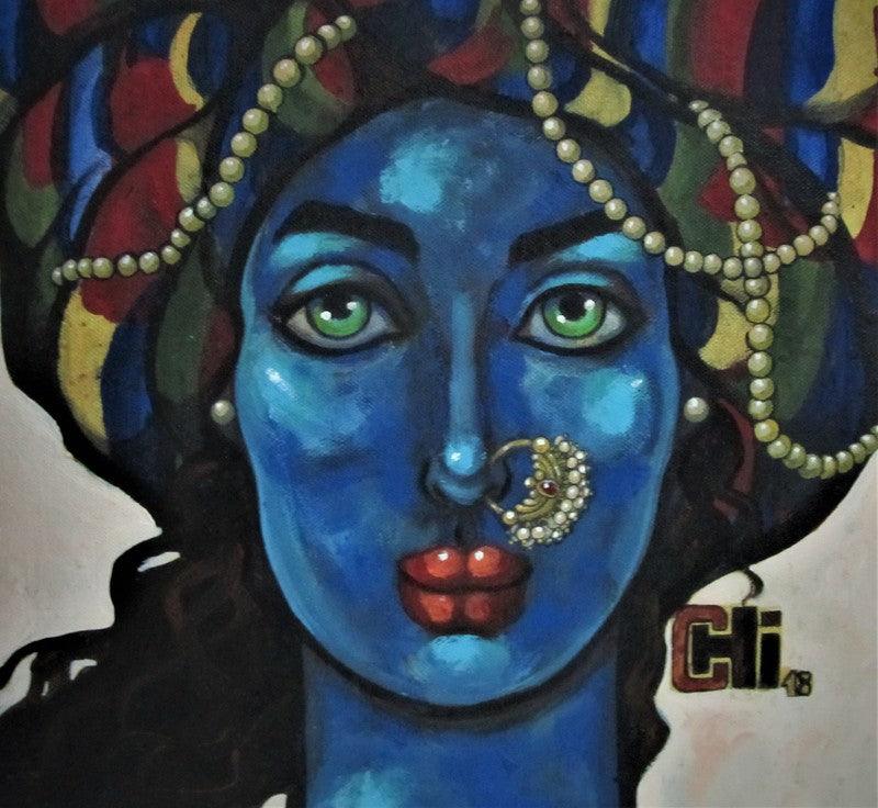 Portrait acrylic painting titled 'Blue Girl With A Nose Ring', 12x12 inches, by artist Suruchi Jamkar on Canvas