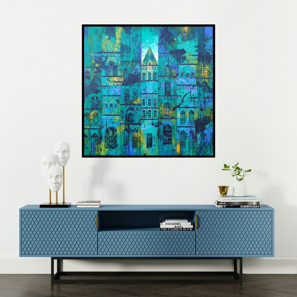 'Blue Green City (Urban Oasis)' painting by Suresh Gulage shown on a wall in a furnished room.