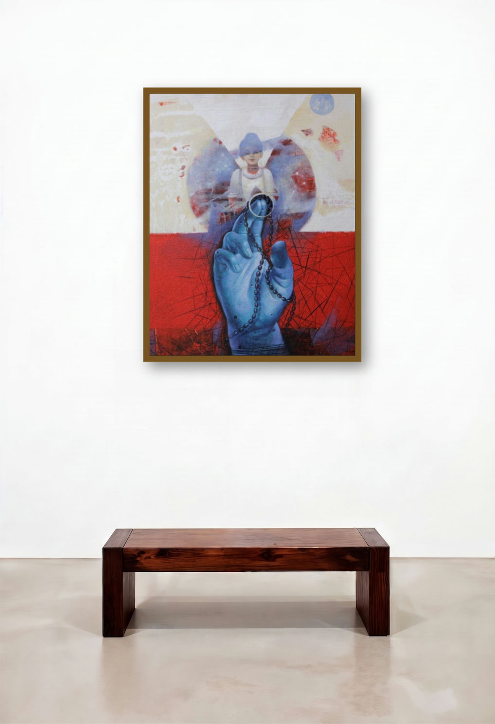 Blue Hand 17 (The Celestial Guardian) by artist Ashis Mondal displayed in a Transitional Bedroom