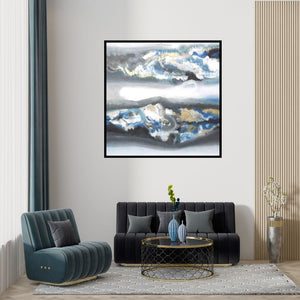 Deepak Guddadakeri's 'Blue Horizontal Abstract (Azure Horizons)' Painting visualized above a sofa in a contemporary room