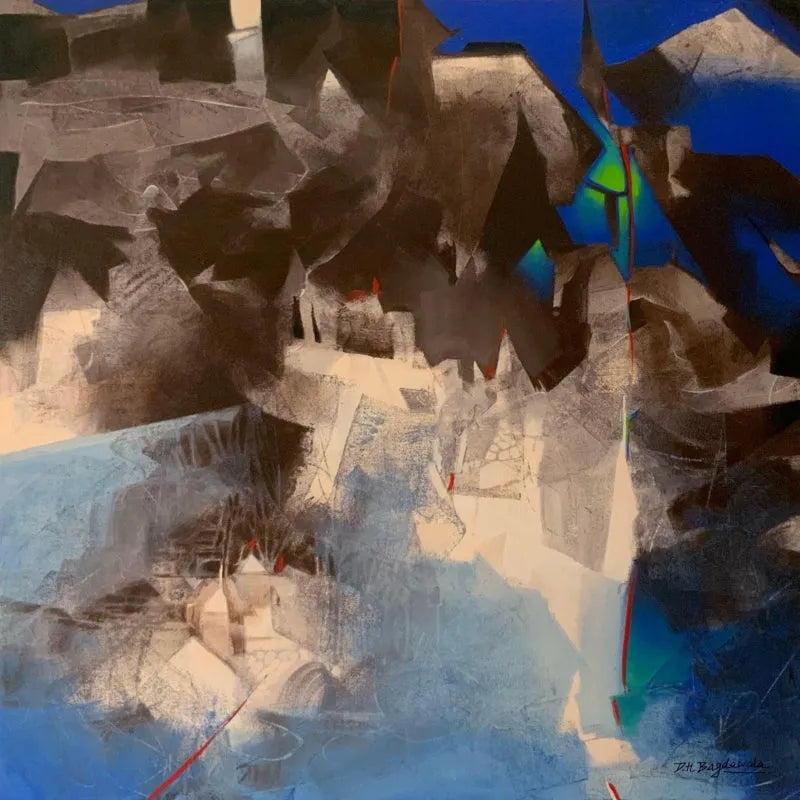 Abstract acrylic painting titled 'Blue Landscape', 36x36 inch, by artist Divyesh Bagdawala on Canvas