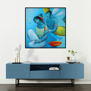 'Blue Love Couple' painting by Samir Sarkar shown on a wall in a furnished room.