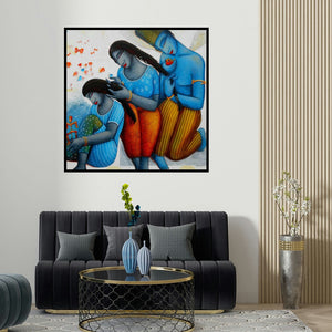 Samir Sarkar's 'Blue Love Family (Celestial Harmony)' painting visualized above a sofa in a contemporary room.