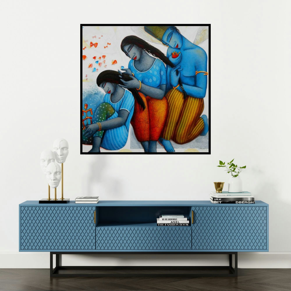 'Blue Love Family (Celestial Harmony)' painting by Samir Sarkar shown on a wall in a furnished room.