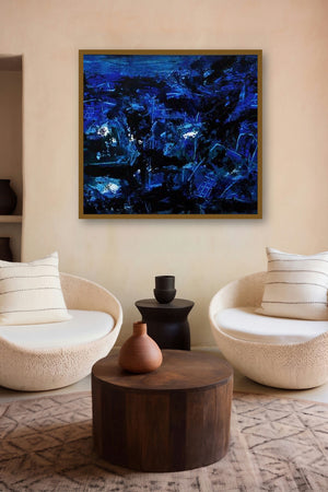 Blue Magic Abstract (Midnight Depths) by artist Asit Poddar displayed in a Museum Style gallery